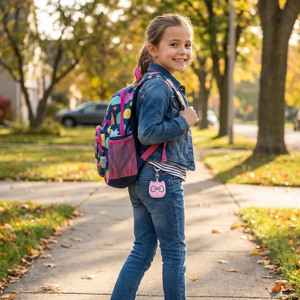 Child wearing Booh™ Kids Safety Alarm clipped to a backpack